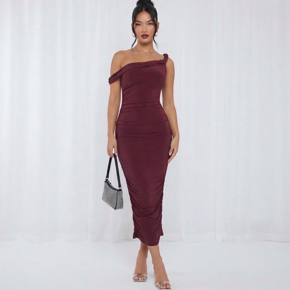 Club L London Salome Midi Dress US Sz 10 Burgundy Asymmetrical Neck Ruched Glam